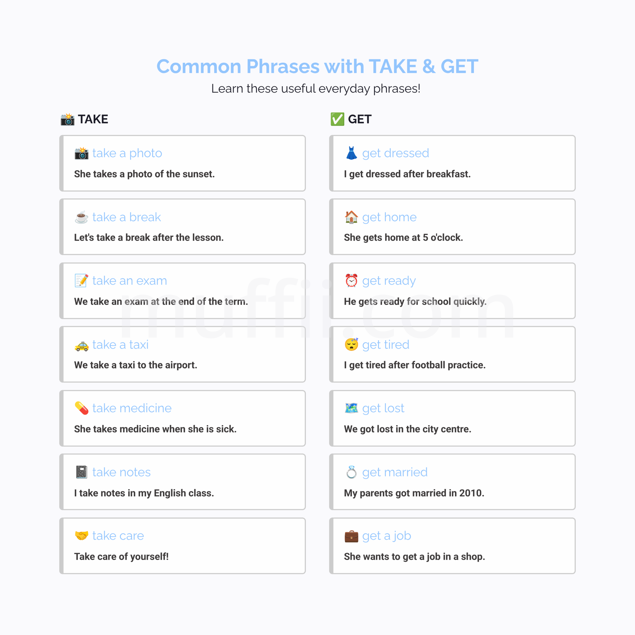 A1 Common phrases with Take and Get vocabulary exercises