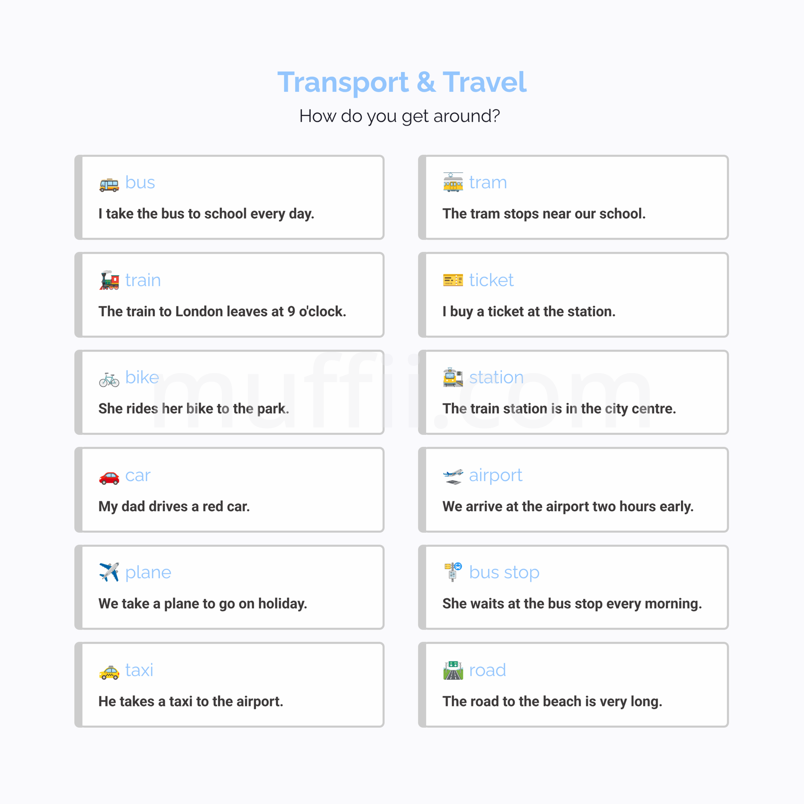 A1 Transport and Travel vocabulary exercises