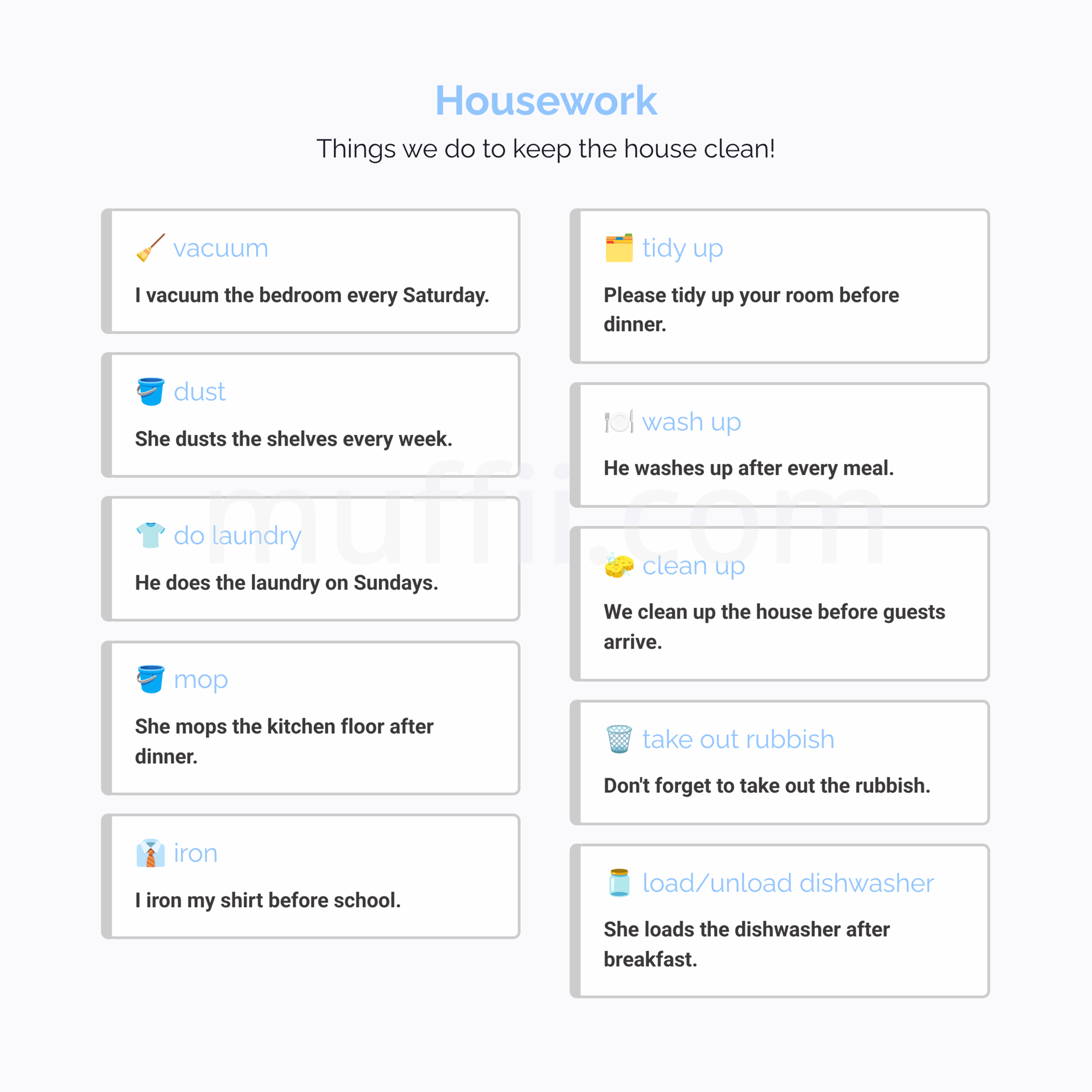 A2 Housework vocabulary exercises