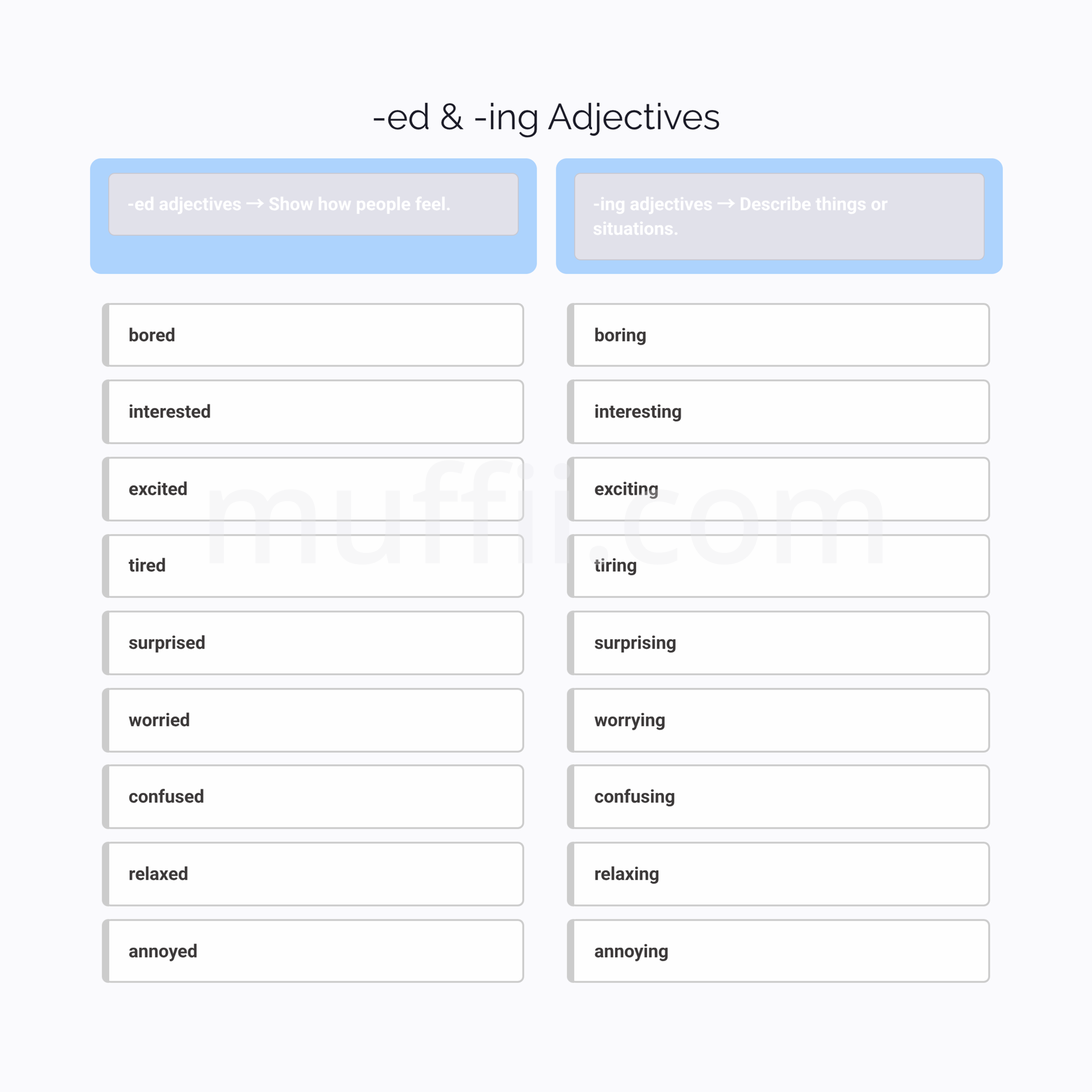 A2 ED and ING adjectives vocabulary exercises